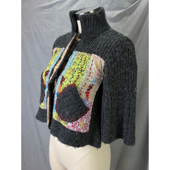 Free People Wool Blend Patchwork Jacket Art Knit Funnel Neck Boho Festival XS - Picture 2 of 12